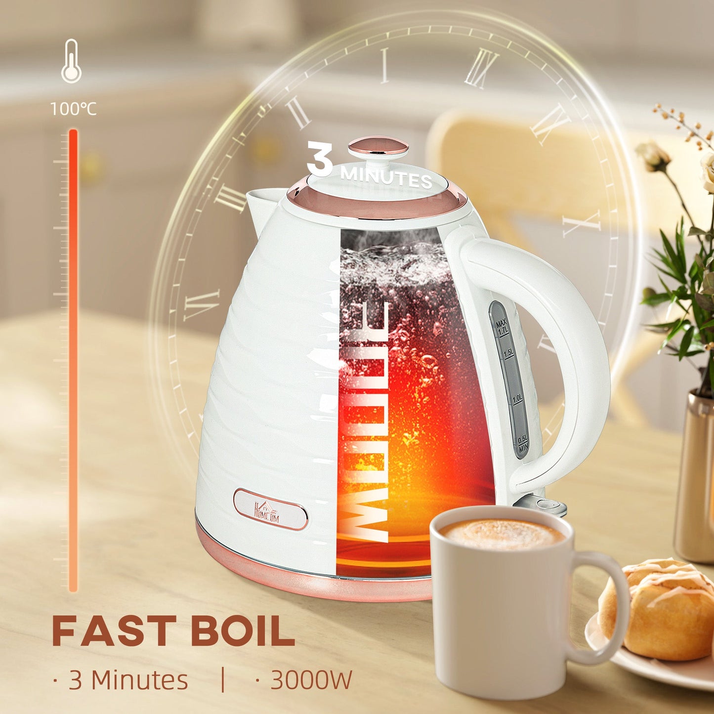 HOMCOM Electric Kettle, 1.7L, Fast Boil, 3kW Water Kettle with Removable Washable Anti-scale Filter, Auto Shut-off, 360¡ Swivel, BPA Free, Cream White Water Ripple Texture