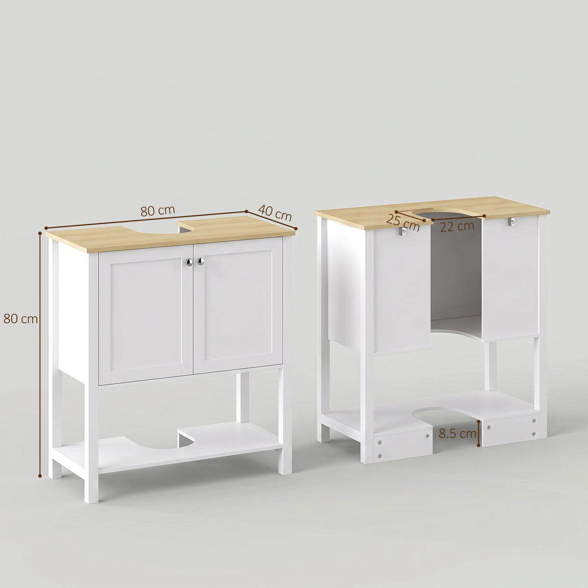 HOMCOM Under Sink Bathroom Cabinet with 2 Doors, Open Shelf and U-Shape Cut-Out for Basin with or without Pedestal, White