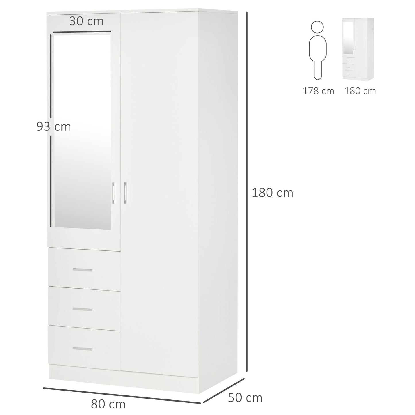 HOMCOM 2 Door 3 Drawer Mirrored Wardrobe with Hanging Rail, Modern Clothes Storage Cupboard with Mirror, Drawers and Adjustable Shelves for Bedroom, 80 x 50 x 180 cm, White