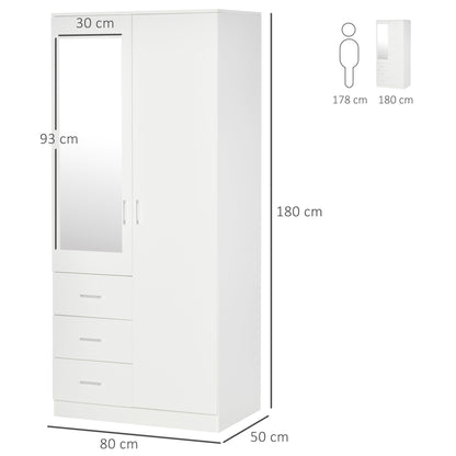 HOMCOM 2 Door 3 Drawer Mirrored Wardrobe with Hanging Rail, Modern Clothes Storage Cupboard with Mirror, Drawers and Adjustable Shelves for Bedroom, 80 x 50 x 180 cm, White