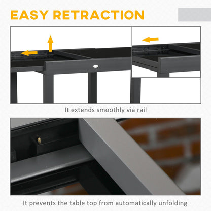 Outsunny Extending Garden Table, Outdoor Dining Table with Aluminium Frame and Tempered Glass Tabletop, 80/160 x 80 x 75 cm, Black