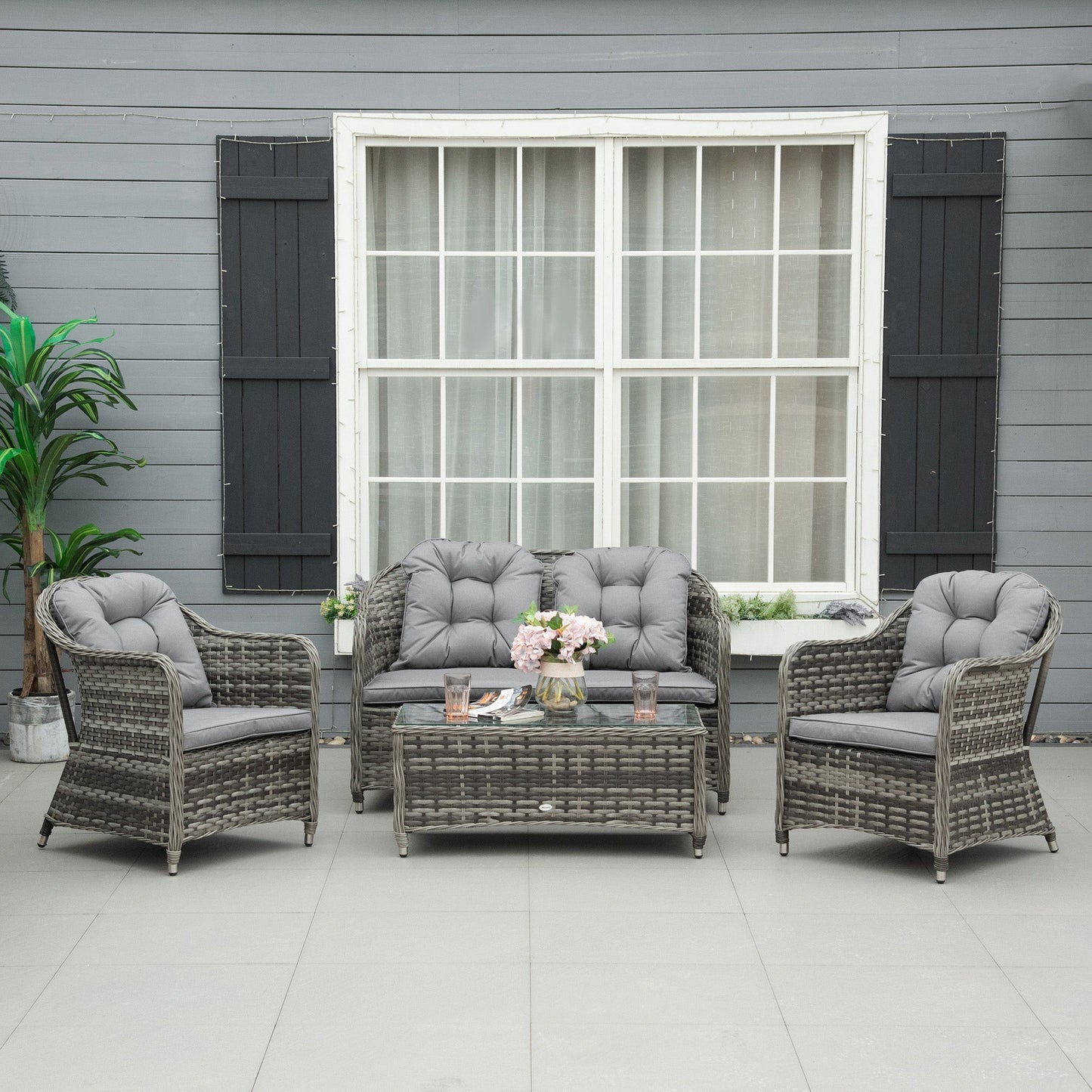 Outsunny 4 Pieces Outdoor PE Rattan Garden Furniture with Cushions, Aluminium Patio Wicker Conservatory Sofa Set with Glass Top Coffee Table, Mixed Grey