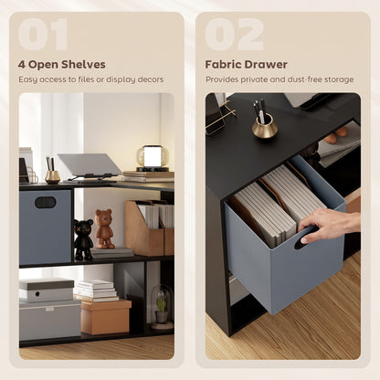 HOMCOM 110 cm L-Shaped Desk, Small Computer Desk with Fabric Drawer and Storage Shelves for Home Office, Study, Black