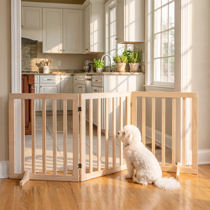 PawHut Wooden Dog Gate, 3-Panel Freestanding Pet Gates Indoor with 2 Support Feet and 360° Flexible Hinges, Natural