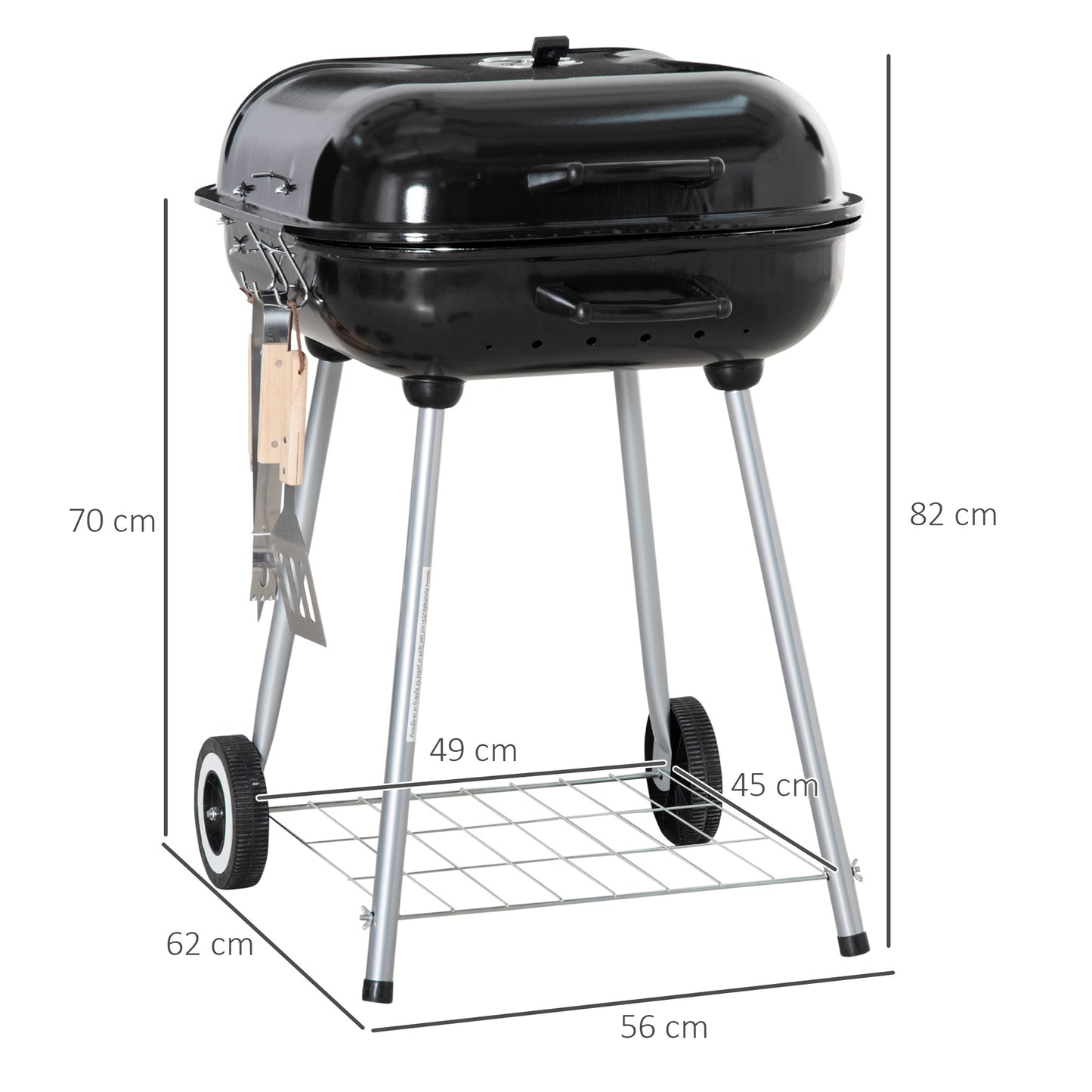 Outsunny przenośny grill węglowy z 2 kółkami i przyborami kuchennymi, wędzarnia z pokrywką do grillowania na świeżym powietrzu, kempingu, pikniku, dziedzińca