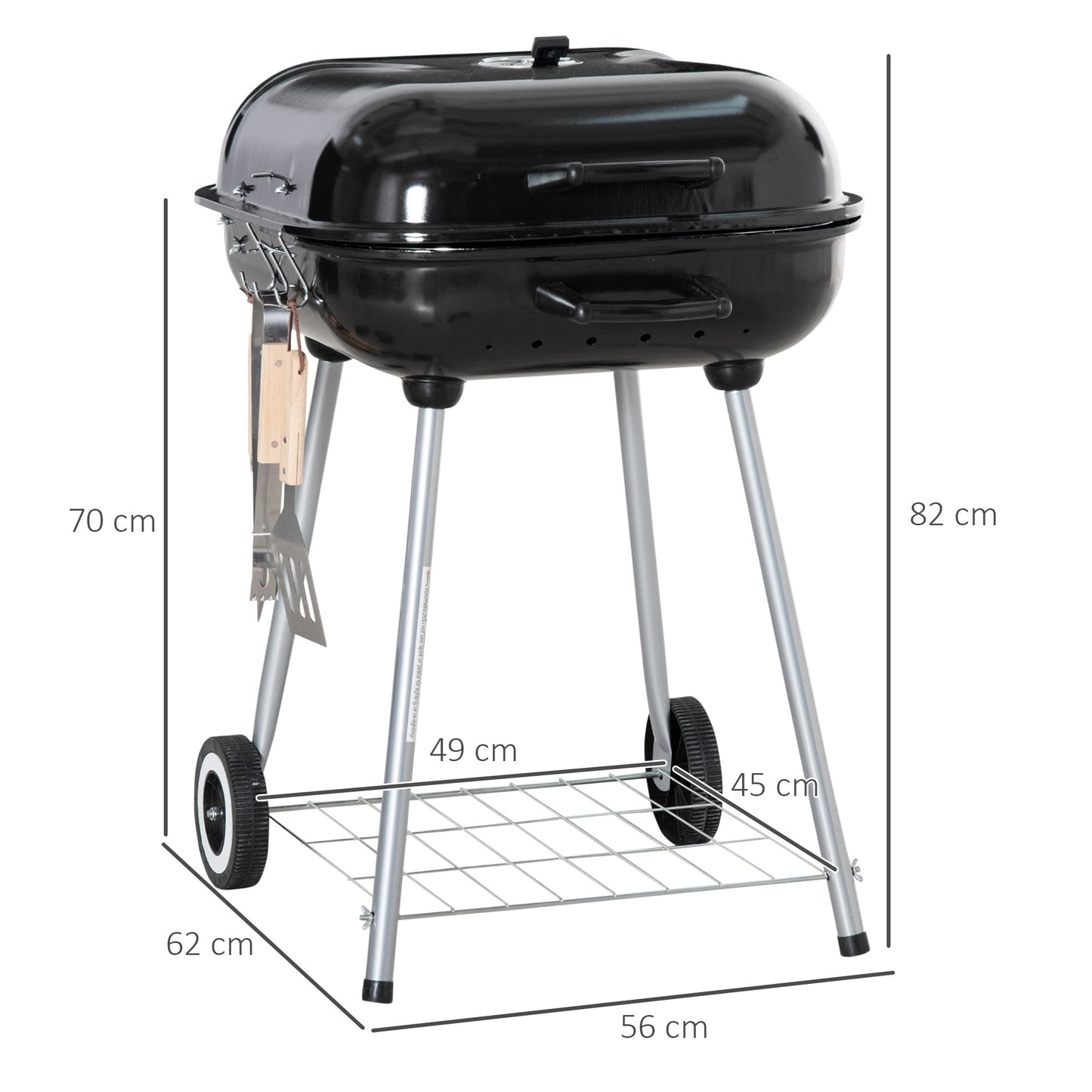 Outsunny Portable BBQ Charcoal Grill with 2 Wheels and Cooking Utensils, Smoker Grill with Lid for Outdoor Barbecues, Camping, Picnic, Courtyard