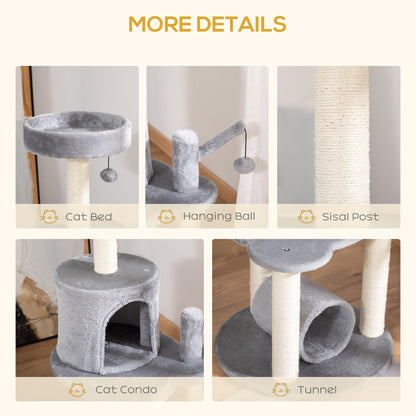 PawHut Cat Tree Tower تسلق مركز النشاط أثاث القطط مع عمود خدش من الجوت سرير نفق جثم معلق كرات رمادية