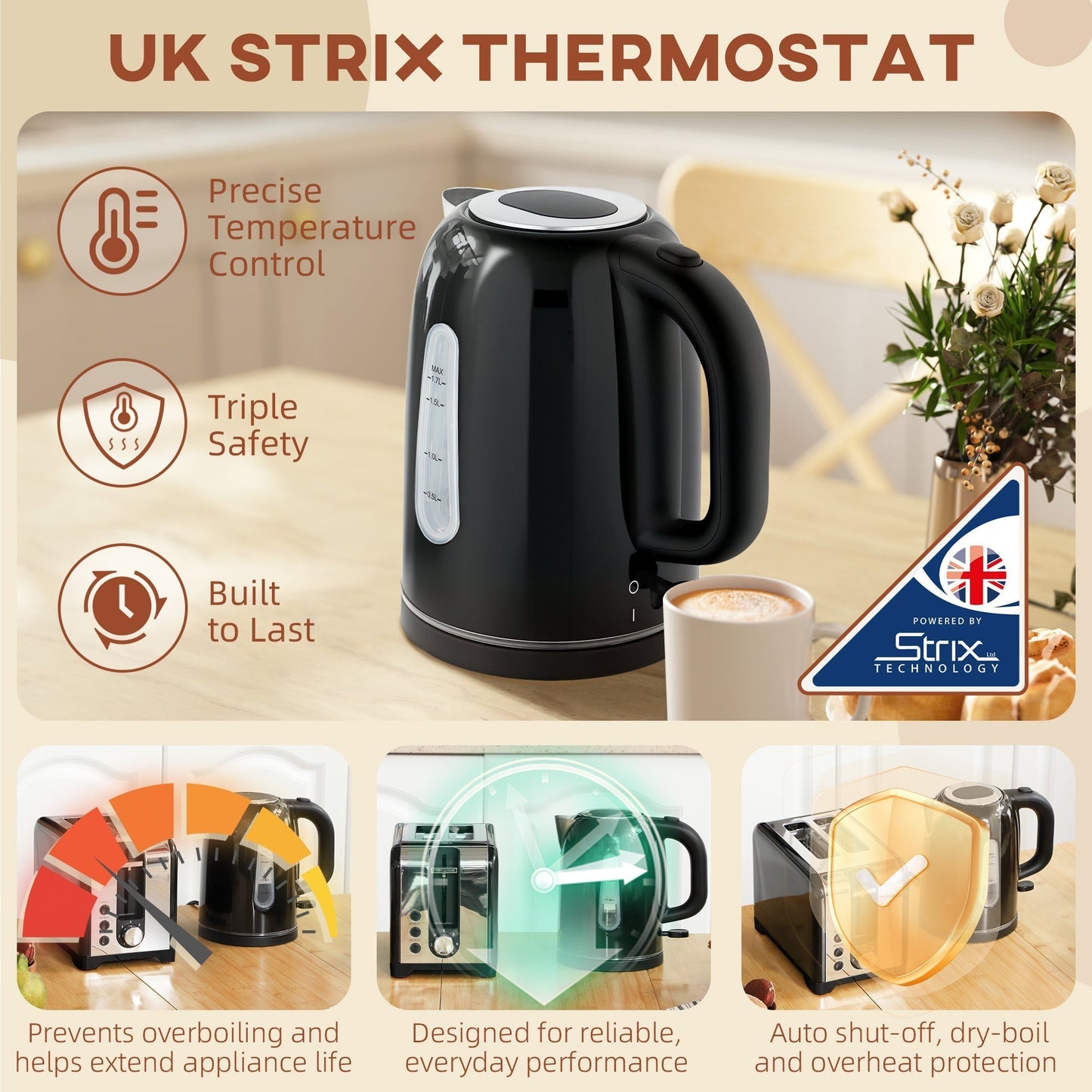 HOMCOM Simple Polished Toaster and Kettle Set - Black
