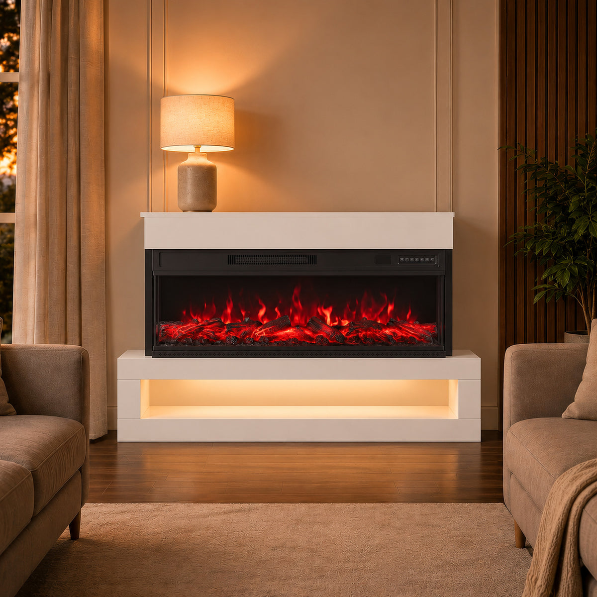 HOMCOM 3-Sided Electric Fireplace, Freestanding/Wall Mounted Electric Fire Heater with Adjustable Flame, Mood Light, ECO Mode