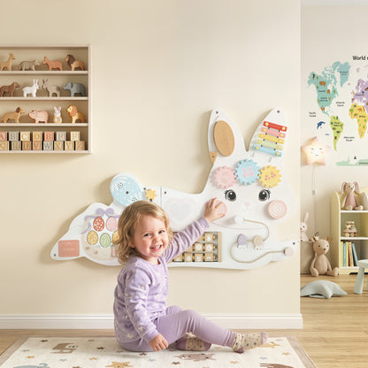 AIYAPLAY Easter Bunny Busy Board Panels, Montessori Wall-Mounted Toddler Learning Activity Centre for Living Room Kids Room White