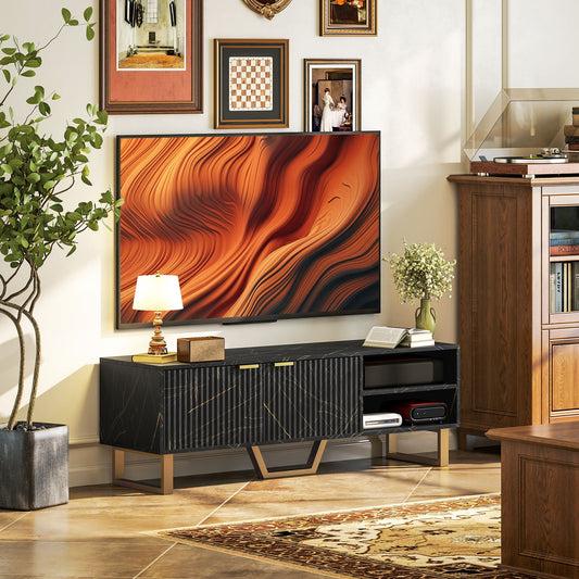 HOMCOM Szafka pod telewizor z efektem marmuru, szafka pod telewizor do telewizorów 70", nowoczesna szafka pod telewizor z półkami i szafką do przechowywania, drzwiczki żłobkowane, dodatkowa noga środkowa, zarządzanie kablami do salonu, czarna