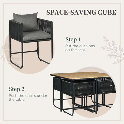 Zestaw mebli ogrodowych Outsunny 4 Seater Rattan Cube, zestaw jadalny z rattanu z poduszkami, stół jadalny i krzesła zewnętrzne z prostokątnym blatem z tworzywa sztucznego o strukturze drewna na patio, balkon, czarny