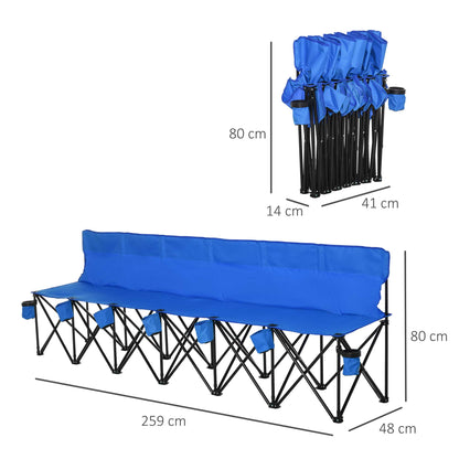 Outsunny 6 Seater Folding Sports Bench Outdoor Picnic Camping Portable Spectator Chair Steel Frame w/ Cup Holder & Carry Bag - Blue