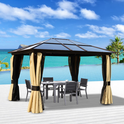 Outsunny 3 x 3.6m Polycarbonate Hardtop Gazebo with LED Solar Light and Aluminium Frame, Garden Pavilion with Mosquito Netting and Curtains