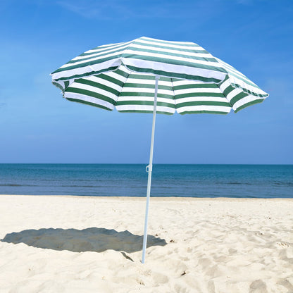 Outsunny 1.8m Beach Parasol Umbrella with Tilt Canopy, Lightweight Patio Garden Sunshade with 8 Ribs, Green & White Stripe