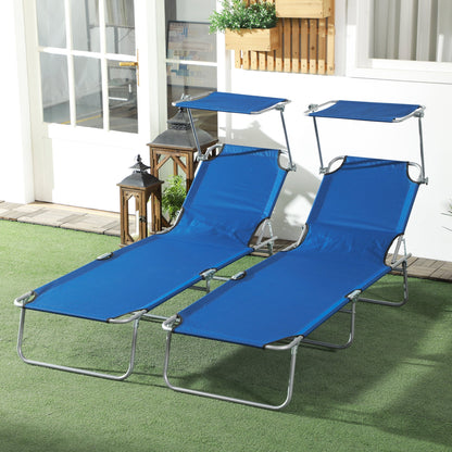 Outsunny Outdoor Foldable Sun Lounger Set of 2Reclining Chair With Angle Adjust Sun Shade Awning for Beach, Garden, Patio, Blue