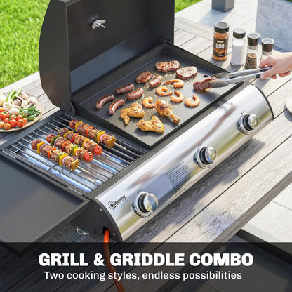 Outsunny 3 Burner Portable Gas Plancha BBQ Grill, 7.5 kW Outdoor Tabletop Gas Barbecue Grill with Griddle, Thermometer,, Black