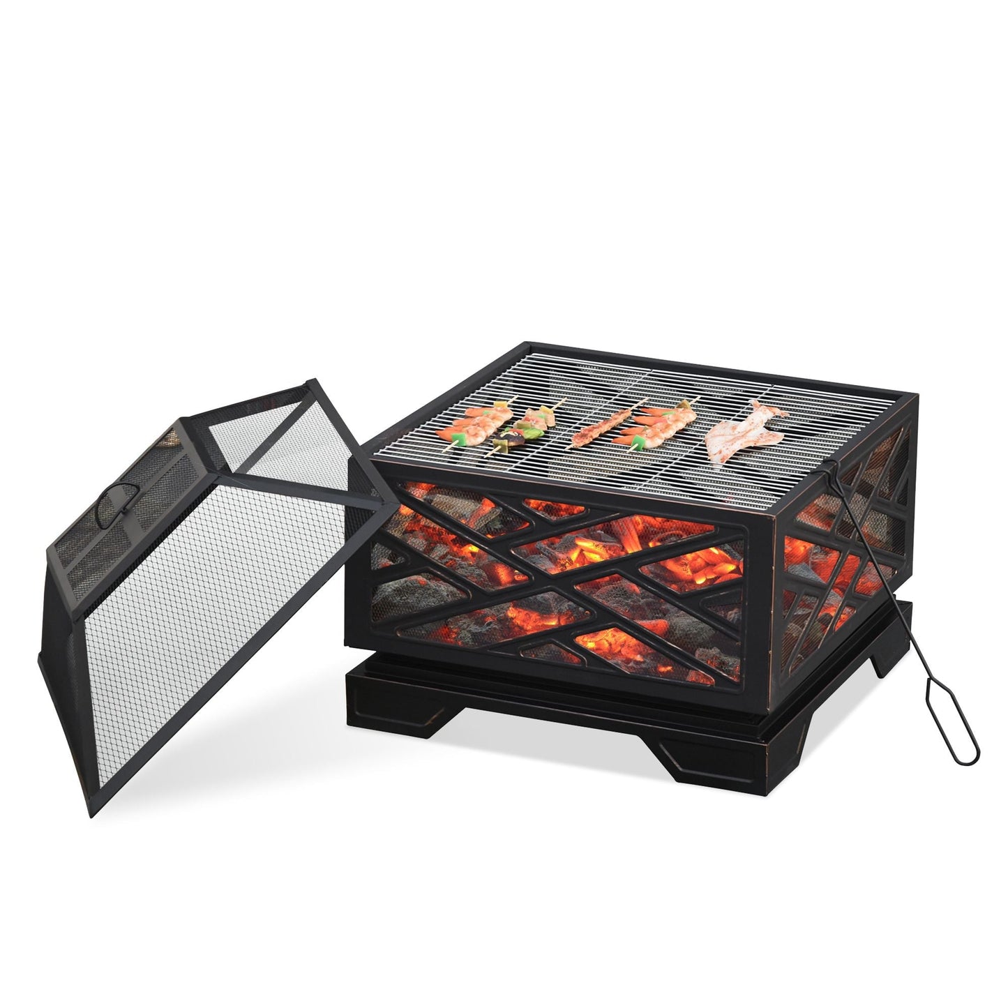 Outsunny 66cm 2 in 1 Square Fire Pit Metal Brazier for Garden, Patio with BBQ Grill Shelf & Spark Screen Cover & Poker, Black