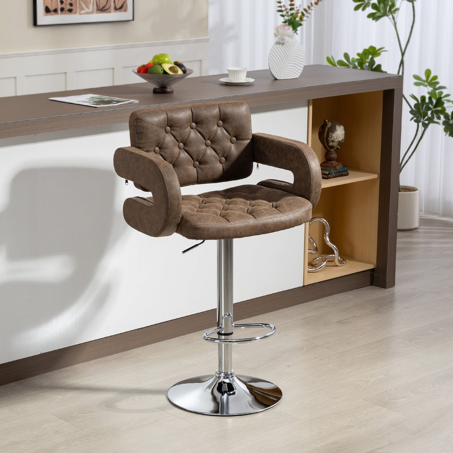 HOMCOM PU Leather Upholstered Swivel Bar Stool, Height Adjustable with Back, Armrest, Footrest, Coffee