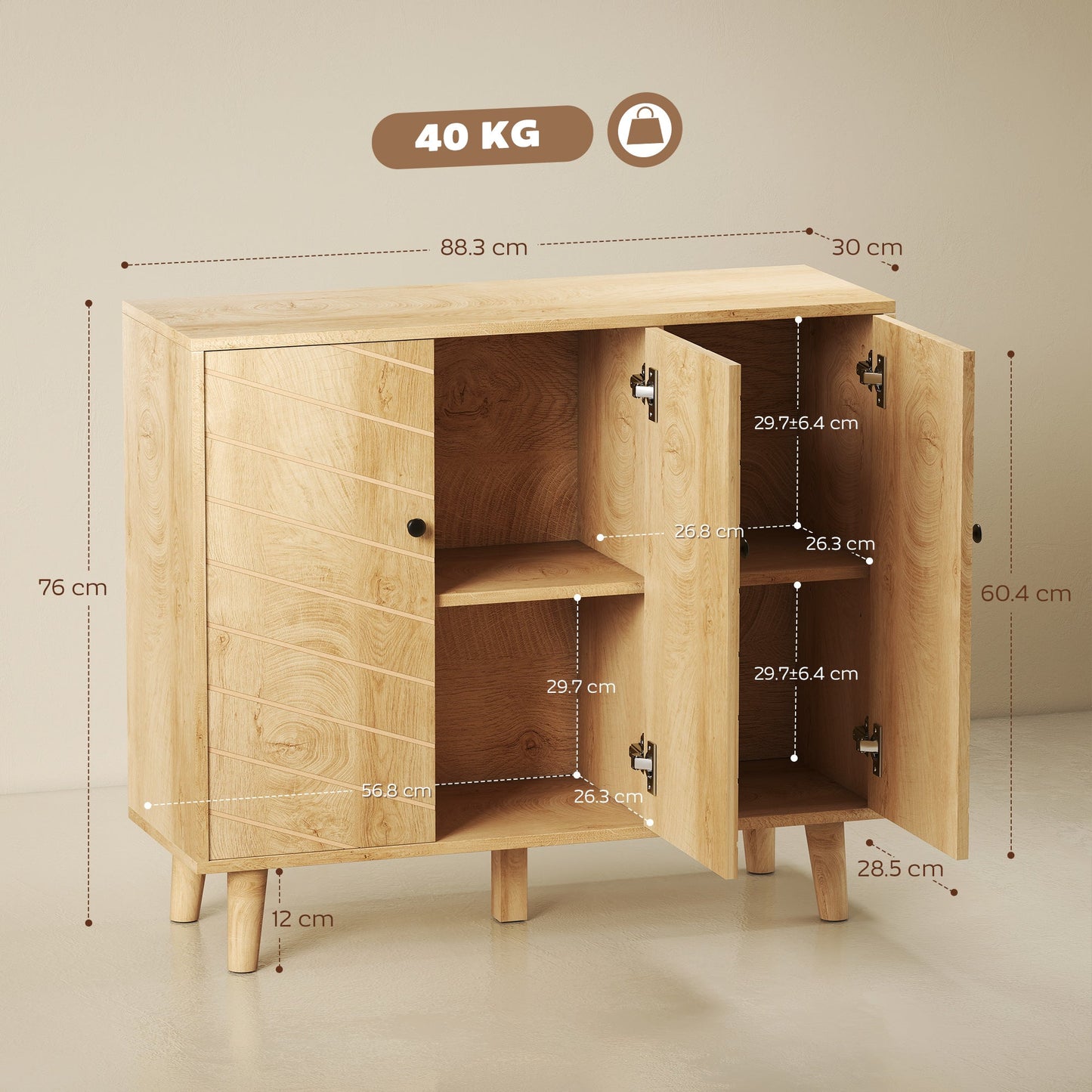 HOMCOM Vintage Sideboard with Chevron Doors and Pine Wood Legs for Living Room, Kitchen