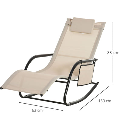 2 Piece Outdoor Garden Rocking Chair Patio Sun Lounger Rocker, Breathable Mesh Fabric, Removable Headrest Pillow, Armrest, Side Bag - Cream White