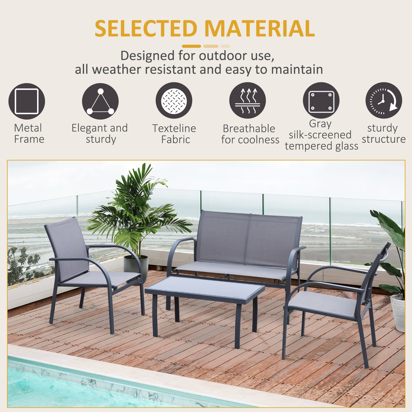 Outsunny Czteroczęściowy Minimalistyczny Zestaw Ogrodowy Patio - Szary