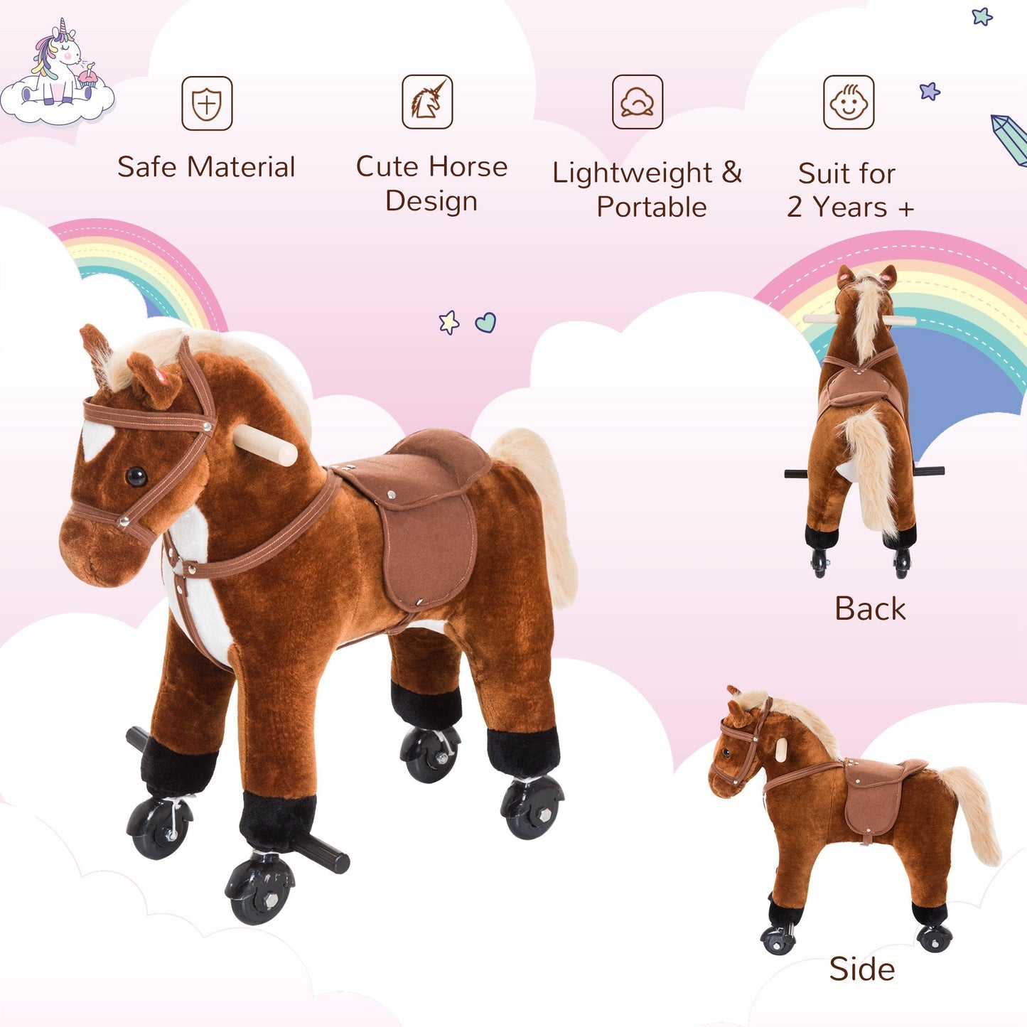 HOMCOM Rocking Horse Kids Ride on Walking Horse Animal Pony Wheeled Riding Plush Toy w/Sound for 2 Years and Up (Brown)