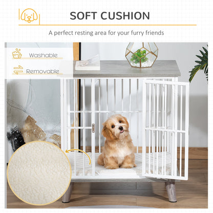 PawHut Dog Crate, Furniture Style Pet Cage Kennel, End Table, Decorative Dog House, with Soft Cushion, Wooden Top, Door, for Small Dogs, Indoor Use, Grey House,w/