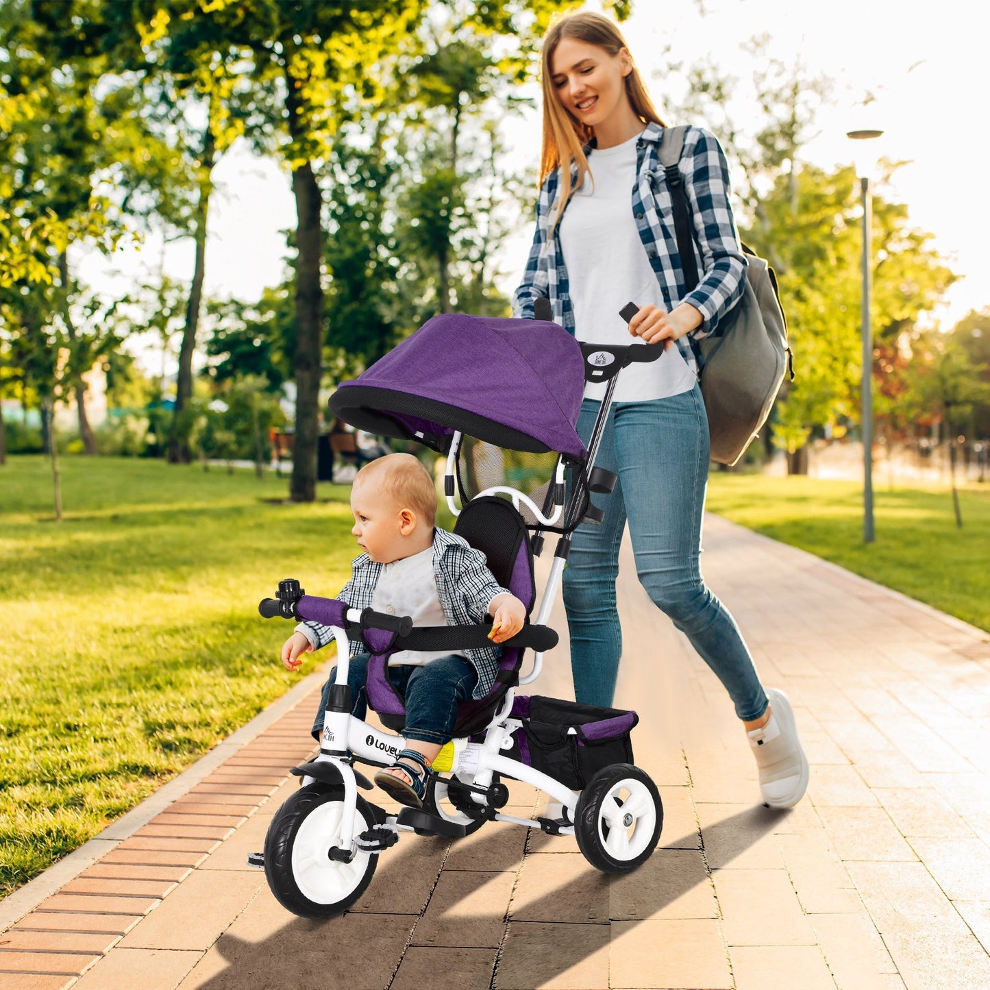 4 in 1 Kids Trike Push Bike w/ Push Handle, Canopy, 5-point Safety Belt, Storage, Footrest, Brake, for 1-5 Years, Purple