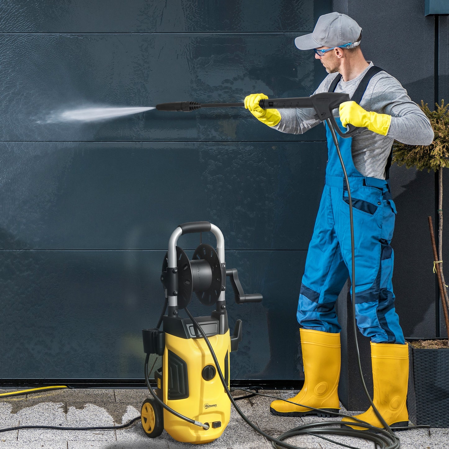 Outsunny 1800W High√Ç Pressure√Ç Washer, 150 Bar Pressure, 420 L/h Flow, Portable Power Washer Jet Wash Cleaner with Adjustable Nozzle, 6M Hose, Hose Reel, Steel Handle for Home Patio Car Driveway, Yellow