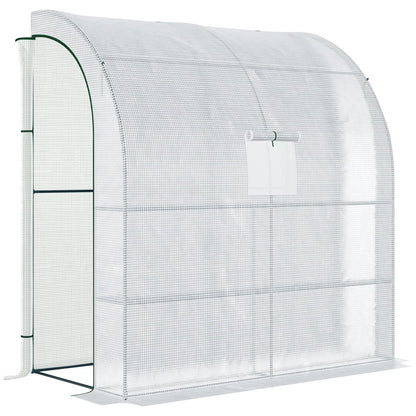 Szklarnia Outsunny Walk-In Lean to Wall z oknami i drzwiami 2 poziomy 4 półki druciane 200L x 100W x 215Hcm biała