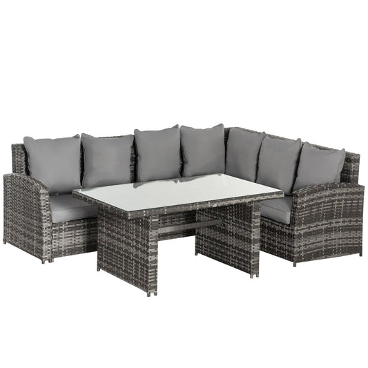 Outsunny 6-Seater PE Rattan Corner Dining Set Outdoor Garden Patio Sofa Table Furniture Set w/ Cushions, Grey