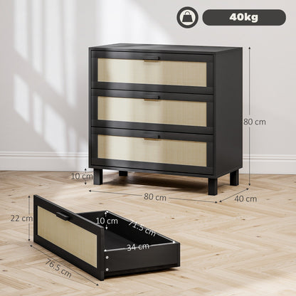 HOMCOM Rattan Bedroom Chest of Drawers, 3 Drawers Storage Unit, Boho Dresser for Living Room, Hallway, Black