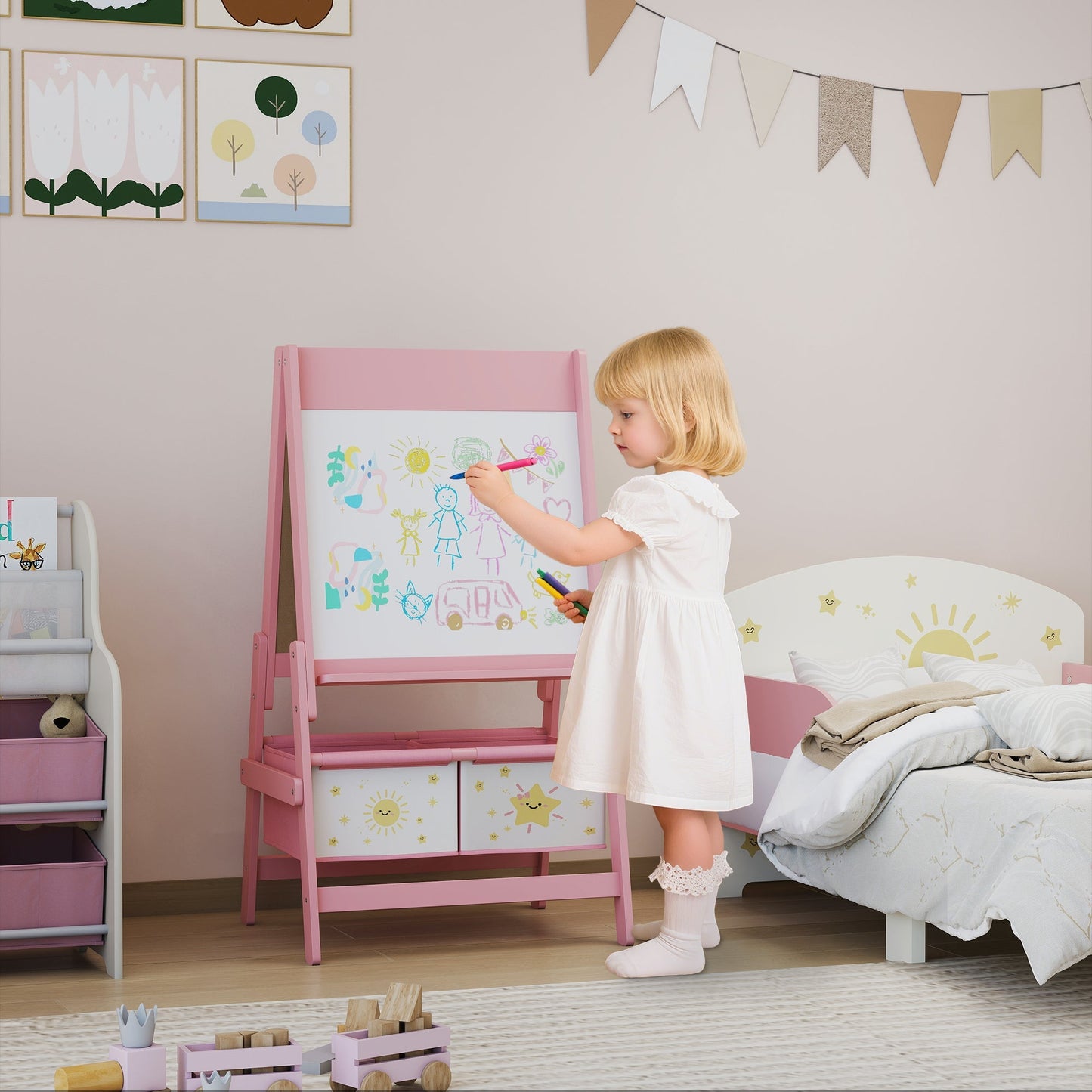AIYAPLAY Art Easel for Kids, Double-Sided Whiteboard/Blackboard with Paper Roll, Two Storage Boxes, for Ages 3-8 Years, Pink