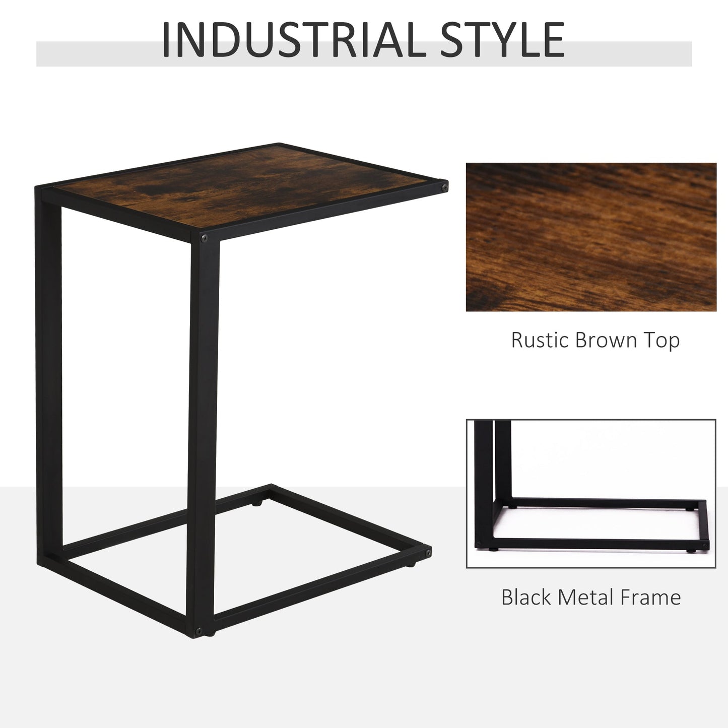 HOMCOM C-Shaped Side Table, Bedside Table with Metal Frame, Accent Sofa Couch Table for Living room, Bedroom, Brown and Black