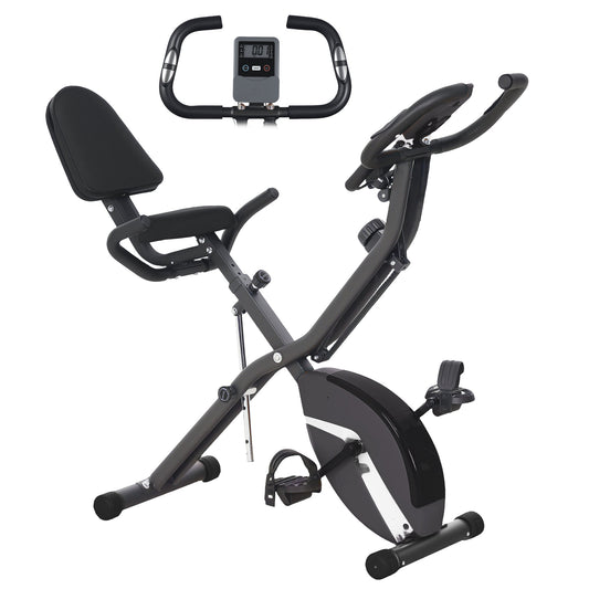 SPORTNOW 5 w 1 składany rower treningowy z taśmami do ćwiczeń ramion, cichy, 8-stopniowy, magnetyczny, składany rower treningowy z wyświetlaczem LCD, uchwytem na tablet, ręcznym czujnikiem pulsu do użytku domowego i jazdy na rowerze stacjonarnym, czarny