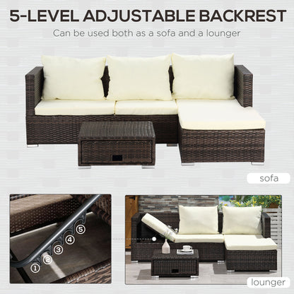 Outsunny 3PC Rattan Garden Furniture Storage Sofa Set 4 Seater Wicker Coffee Table Conservatory Sun Lounger Reclining Set Outdoor Weave z poduszką Brown