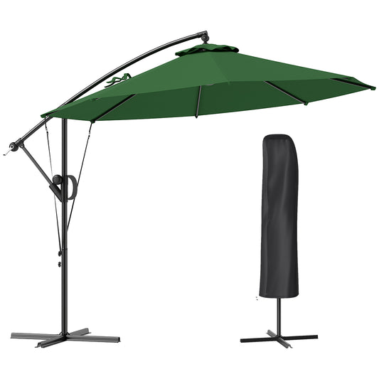 Outsunny 3(m) Parasol ogrodowy z wysięgnikiem z pokrowcem i paskiem chroniącym przed wiatrem, okrągły parasol z korbką i funkcją pochylania, parasol tarasowy typu banan do ochrony przed słońcem na zewnątrz, UPF50+, zielony