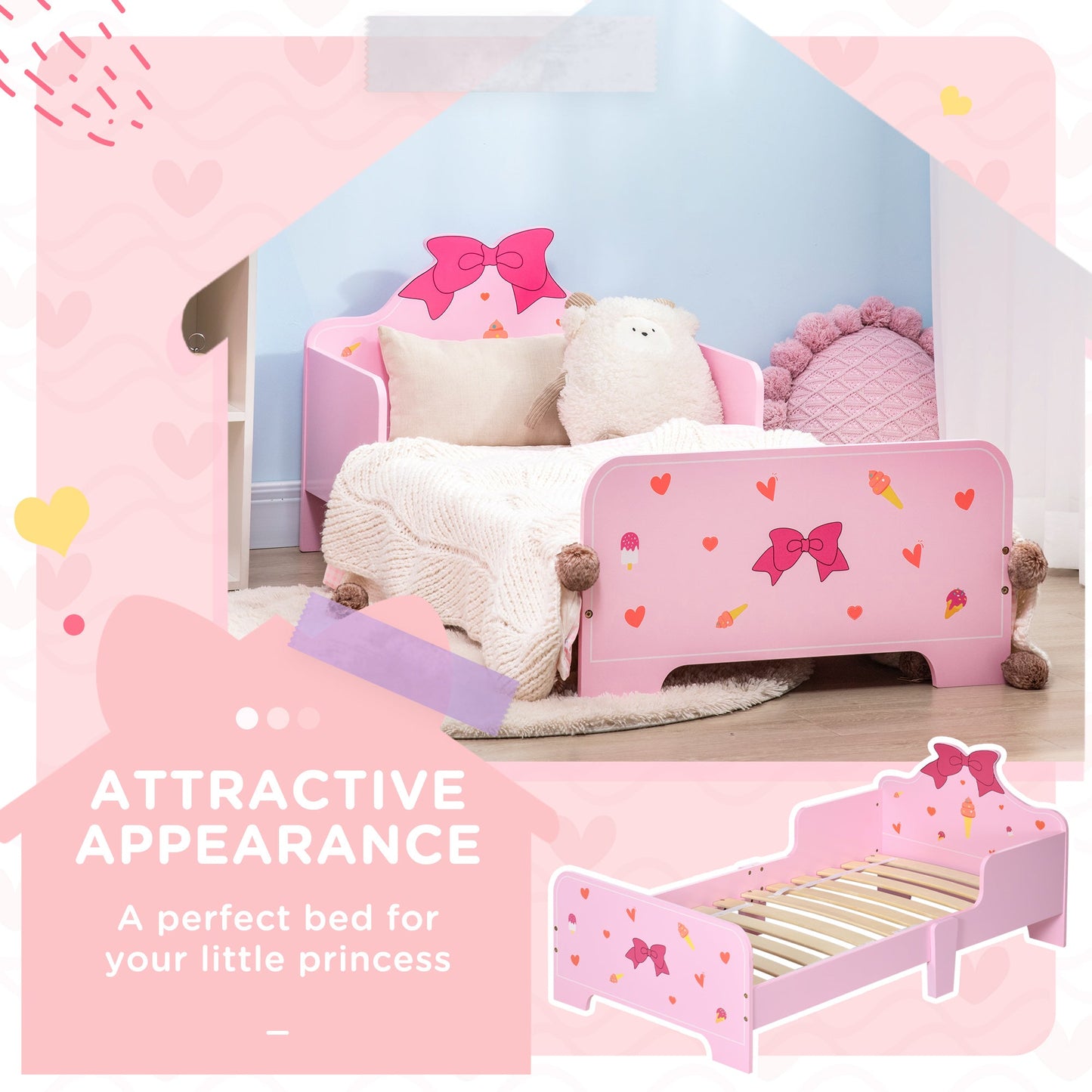 ZONEKIZ 3PCs Kids Bedroom Furniture Set with Bed, Dressing Table and Stool, Princess Themed, for 3-6 Years Old, Pink