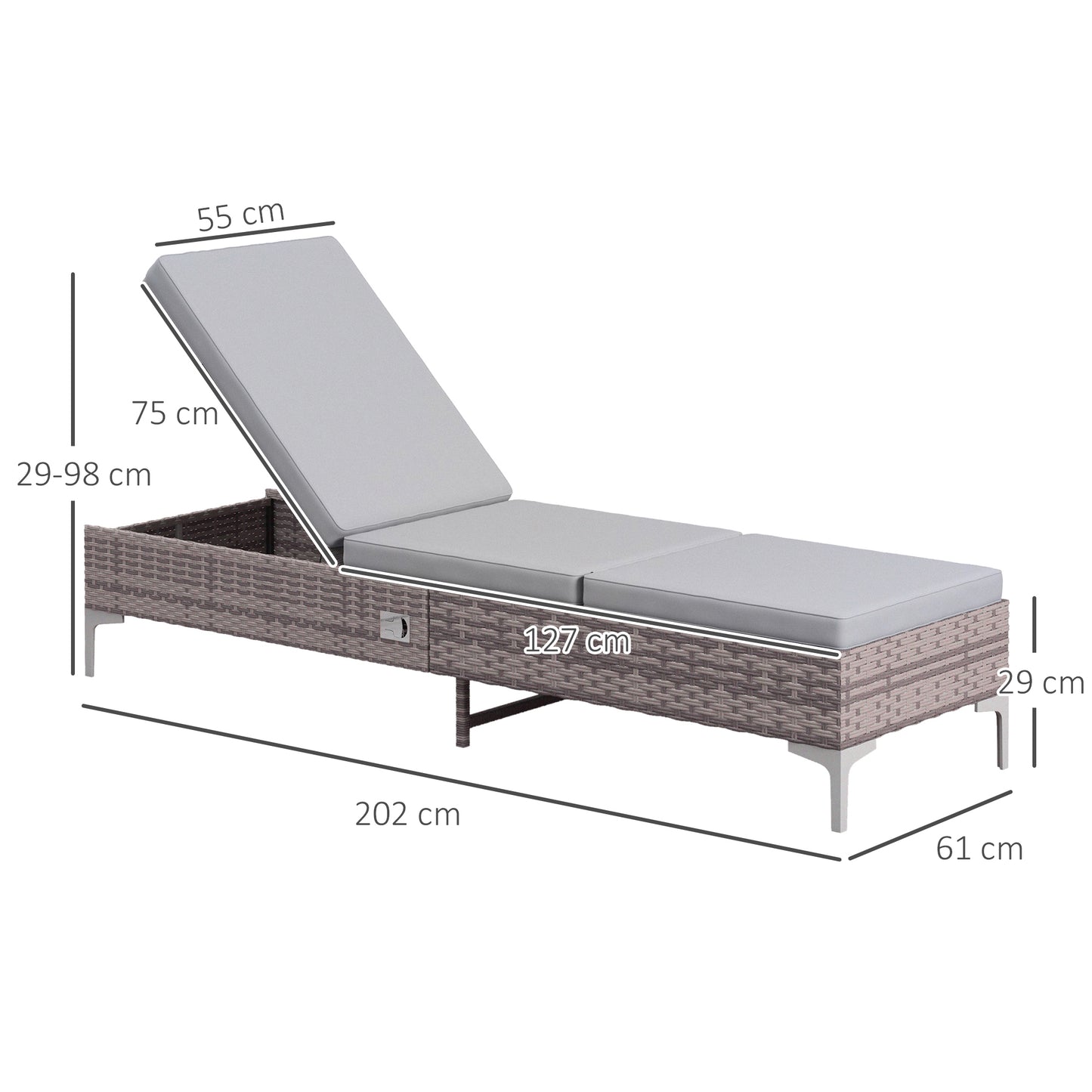 Outsunny Outdoor PE Rattan Leżak Zestaw 2, Wielopozycyjny Regulowany Pojedynczy Leżak Leżak z Wyjmowaną i Pralną Poduszką, Na Patio, Do Ogrodu, Jasnoszary