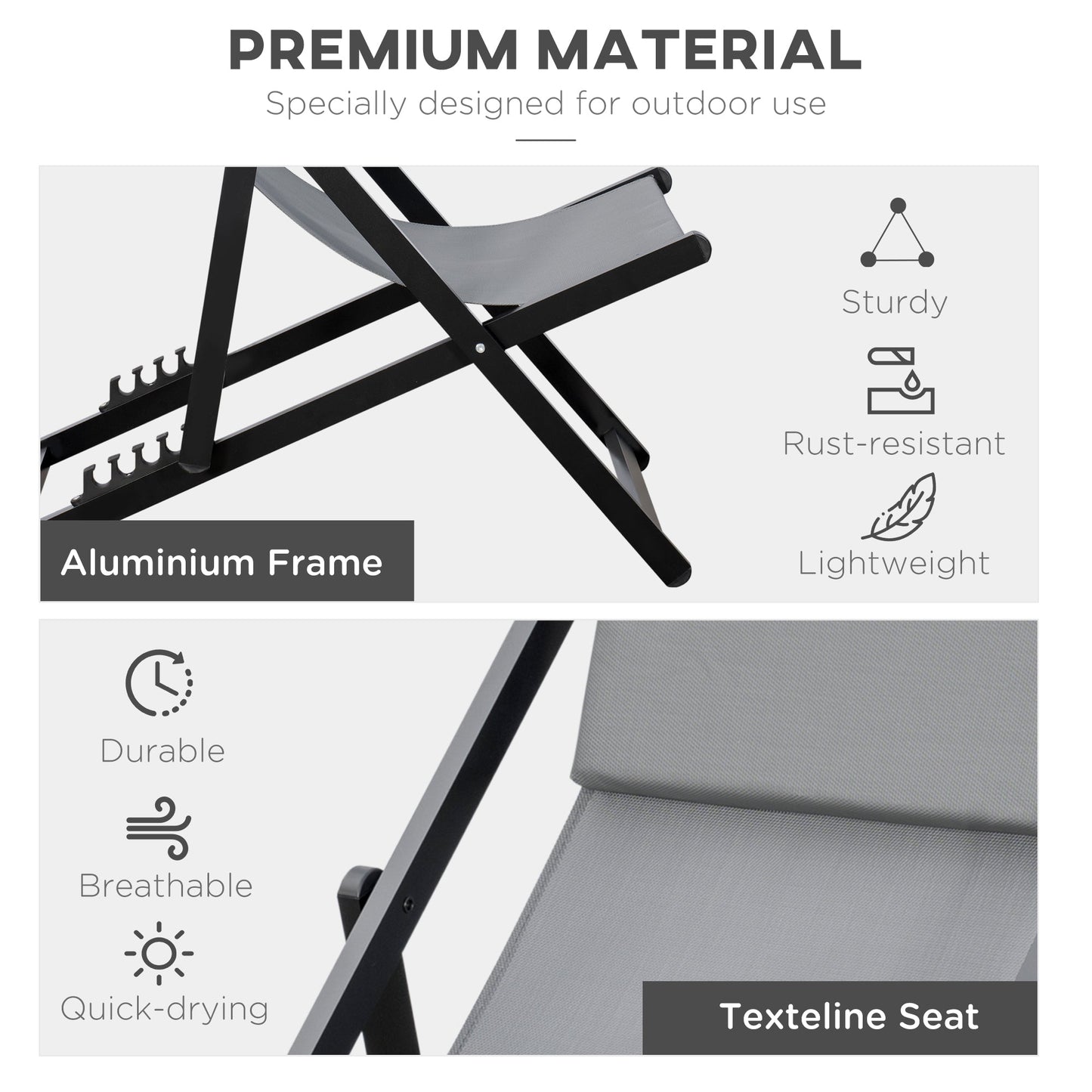 مجموعة من 2 كرسيين قابلين للطي للحديقة والشاطئ بإطار من الألومنيوم من Outsunny، كراسي استلقاء قابلة للطي للحديقة والباحة، باللون الرمادي