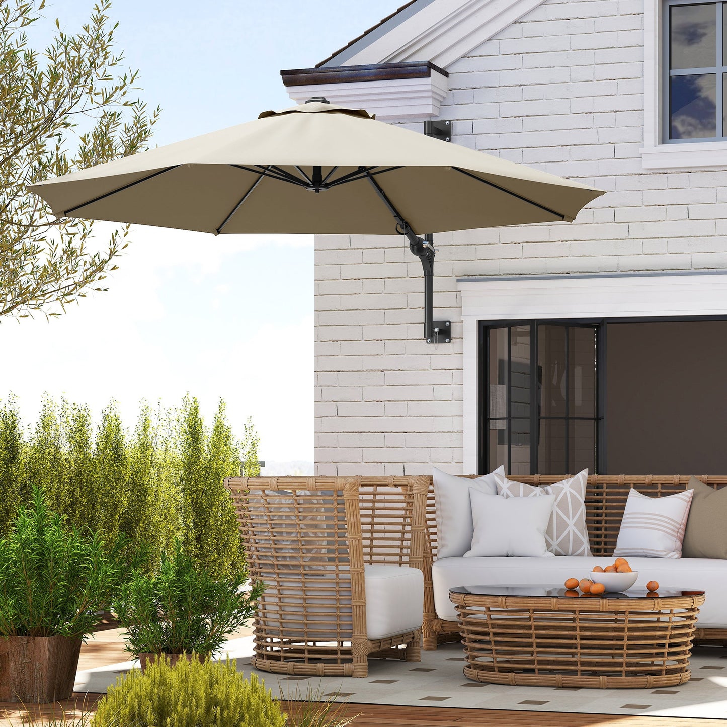 Outsunny 3(m) Wall-Mounted Parasol Shade, with Handle - Khaki