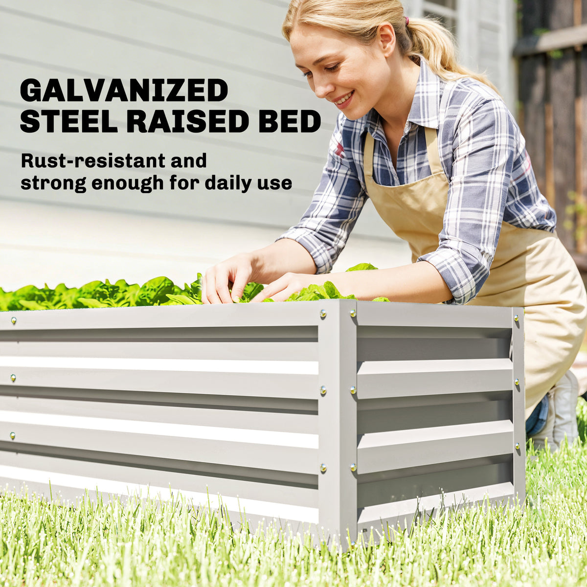 Outsunny Small Greenhouse with Raised Garden Bed, Galvanised Walk-in Greenhouse with Roll Up Windows, 141 x 141 x 190 cm, White