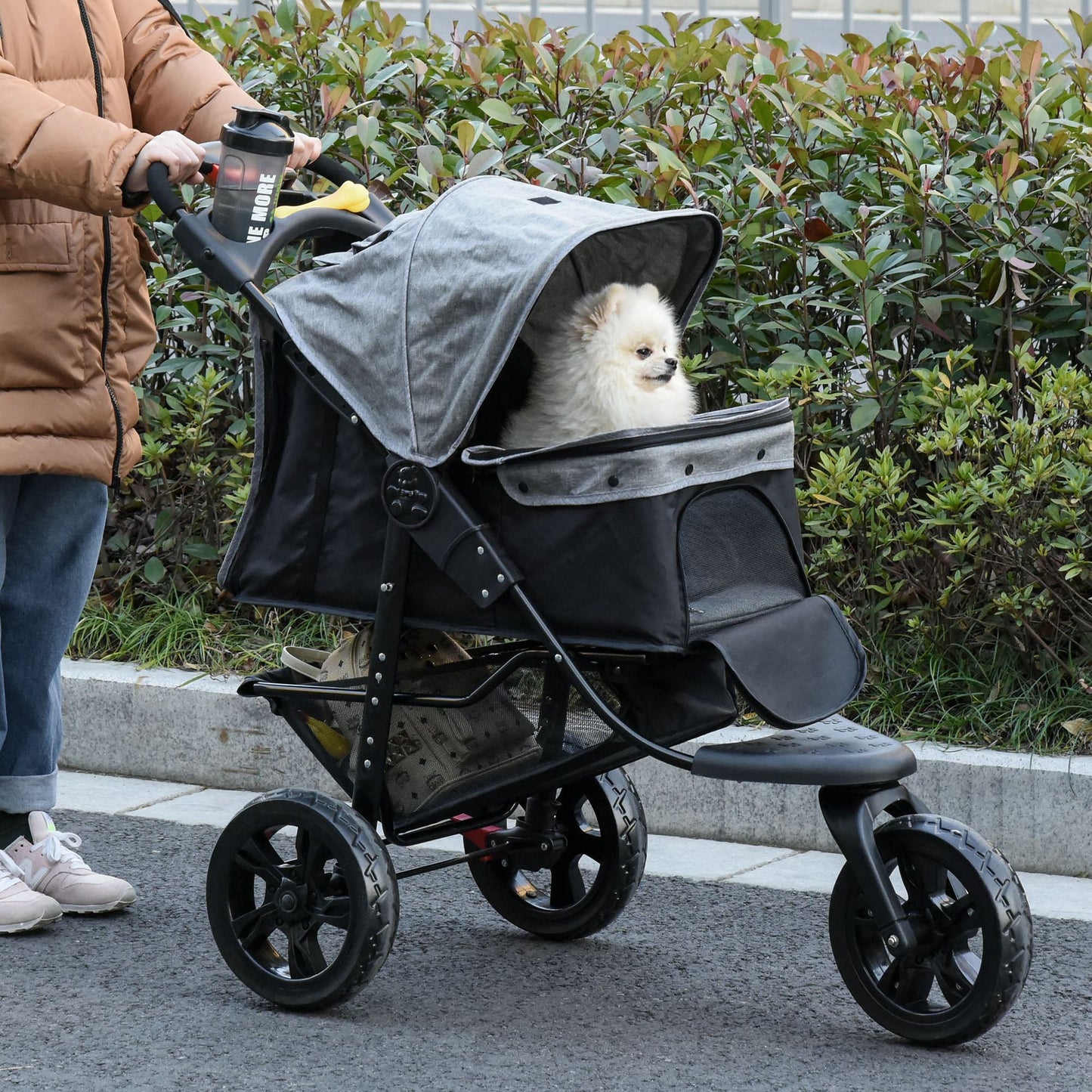 PawHut Dog Pushchair Folding Pet Stroller 3 Wheel Dog Jogger Travel Carrier Adjustable Canopy Storage Brake Mesh Window Grey