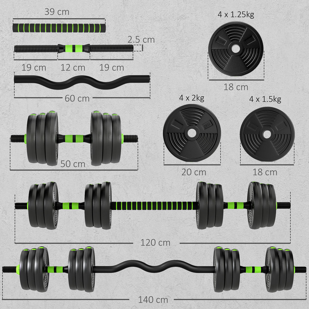 SPORTNOW 20 kg 3-in-1 Adjustable Dumbbell & Barbell Set with EZ Bar, Connecting Rod and Non-Slip Grip for Home Gym, Green