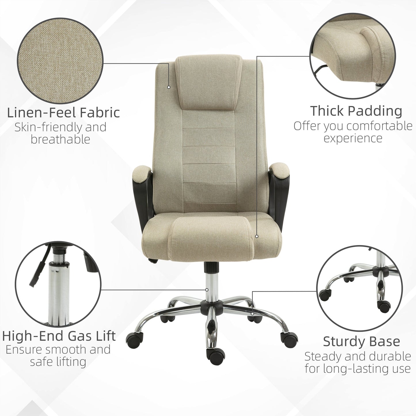 Vinsetto High Back Office Chair 360Â° Swivel Chair Adjustable Height Tilt Function Linen Khaki 62W x 62D x 110-119H cm