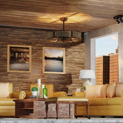 Caged Crystal Ceiling Fan Light with 6 Gear Speeds and 3 Fan Blades-Coffee