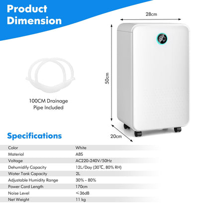 Portable 12L Dehumidifier with 3 Modes and 24H Timer-White