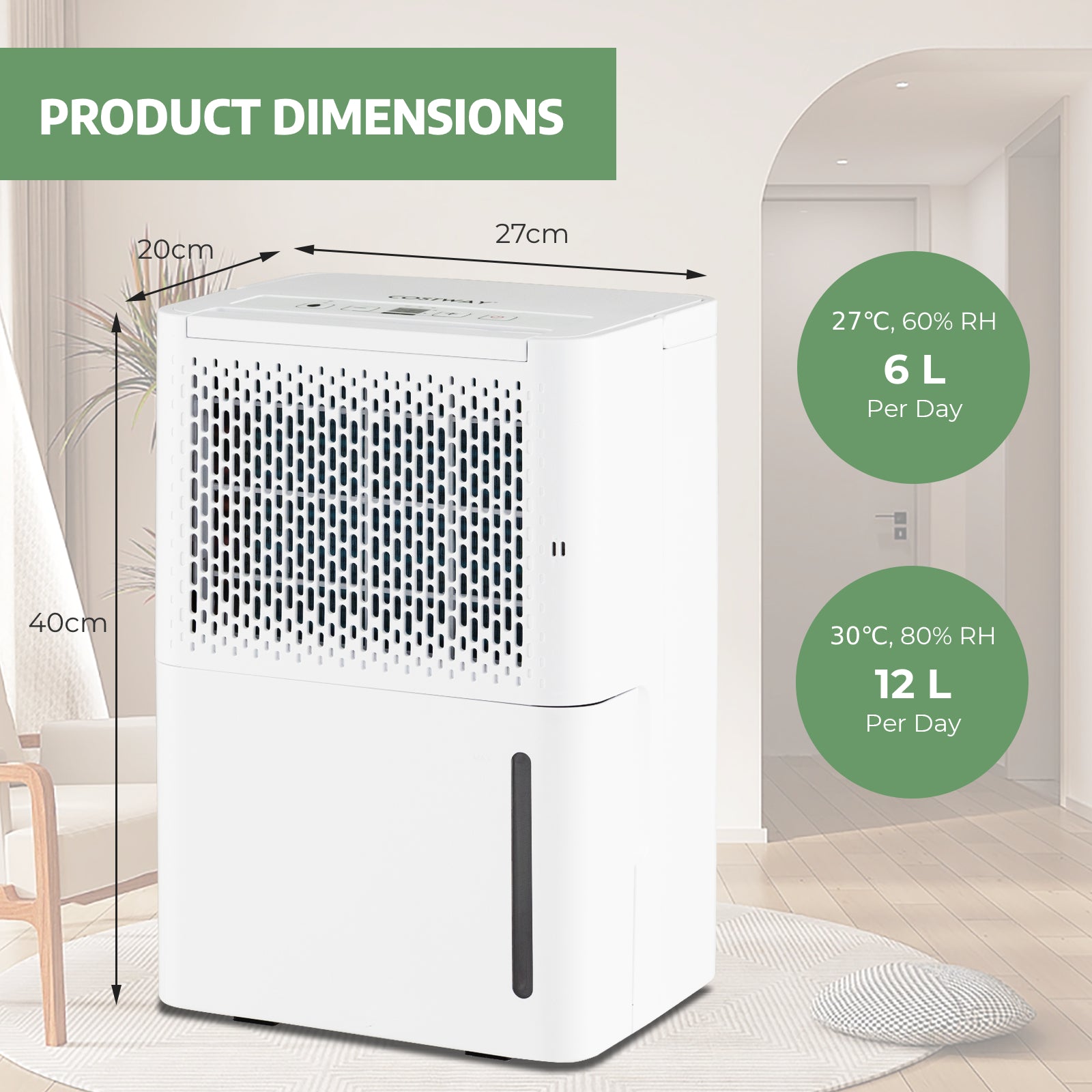 12L/Day Dehumidifier with Continuous Drying Auto Mode and 24H Timer-White