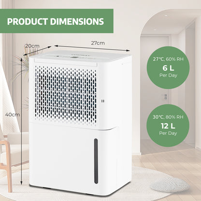 12L/Day Dehumidifier with Continuous Drying Auto Mode and 24H Timer-White